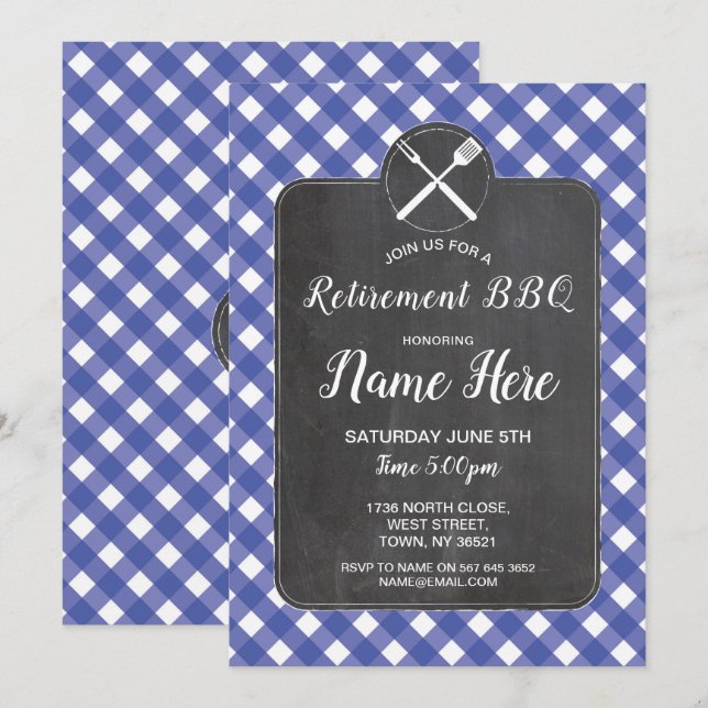 Retirement Party Invite Blue Gingham BBQ Chalk (Front/Back)