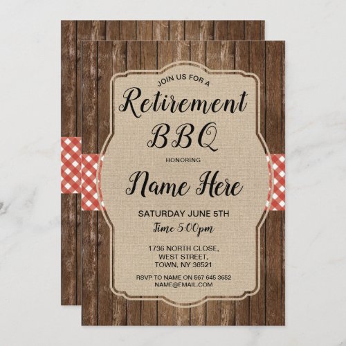 Retirement Party Invite Gingham BBQ Burlap Red