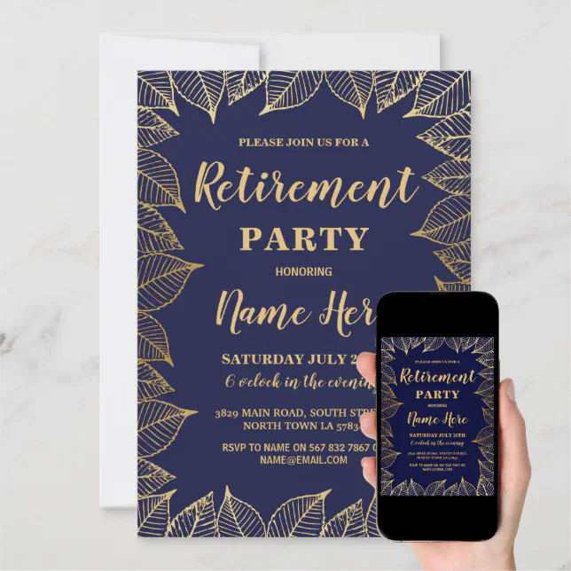 Retirement Party Invite Navy Gold Leaf Fall Autumn Zazzle