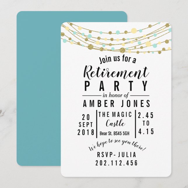retirement Party Invite teal and gold glitter (Front/Back)