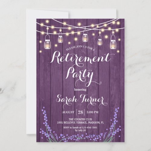 Retirement Party _  Lavender Rustic Purple Wood Invitation