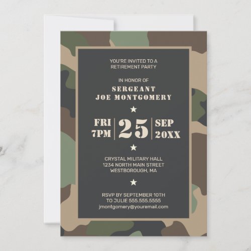 Retirement Party Military Woodland Camouflage Invitation
