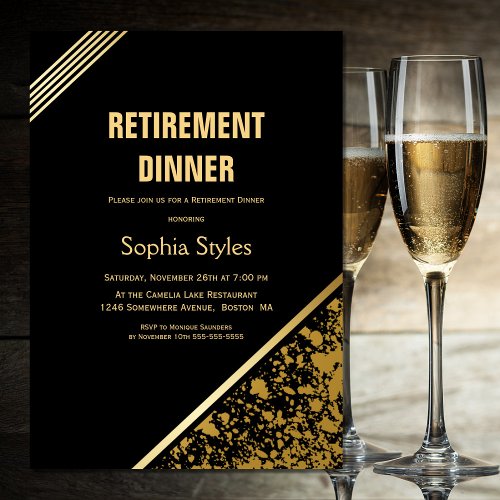 Retirement Party Modern Black and Gold Dinner Invitation
