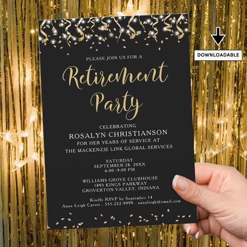 Retirement Party Modern Black Gold Streamers