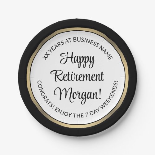 Retirement Party Modern Black White  Gold Round Paper Plates
