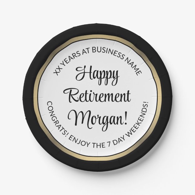 Retirement Party Modern Black, White & Gold Round Paper Plates (Front)