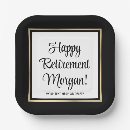 Retirement Party Modern Black White  Gold Square Paper Plates
