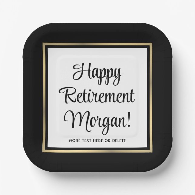 Retirement Party Modern Black, White & Gold Square Paper Plates (Front)