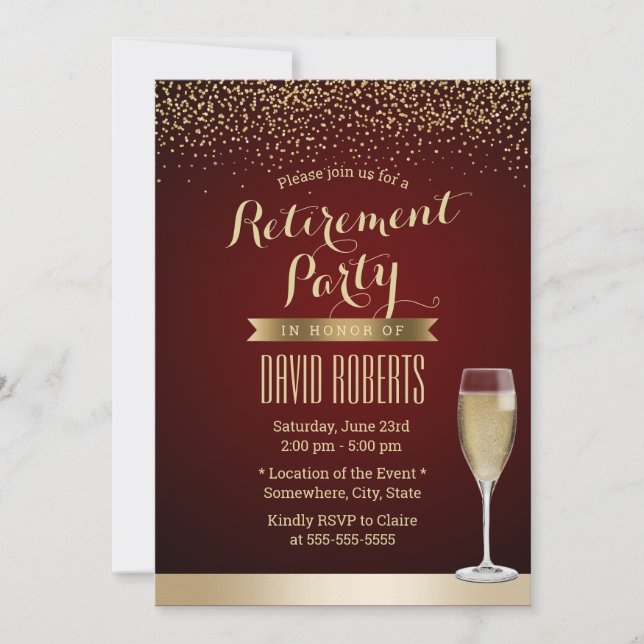 Retirement Party Modern Burgundy Red Gold Confetti Invitation (Front)