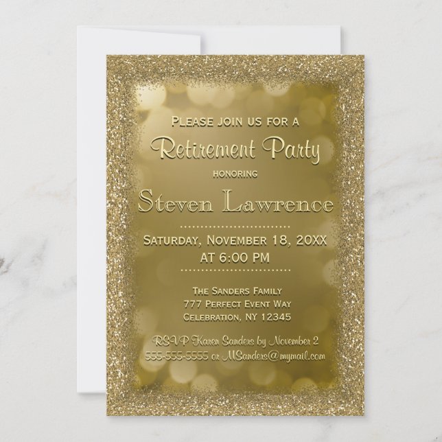 Retirement Party | Modern Gold Bokeh Glitter Invitation (Front)
