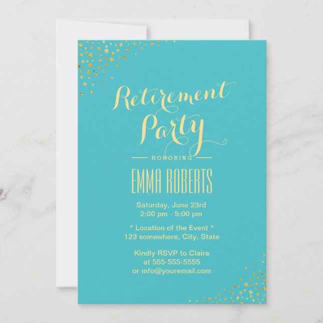 Retirement Party Modern Gold Dots Turquoise Invitation (Front)