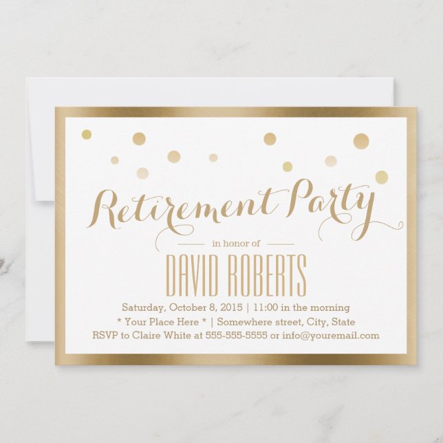 Retirement Party Modern Gold Framed Confetti Dots Invitation (Front)