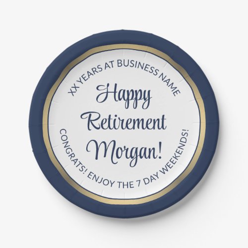 Retirement Party Modern Navy Blue White  Gold Paper Plates