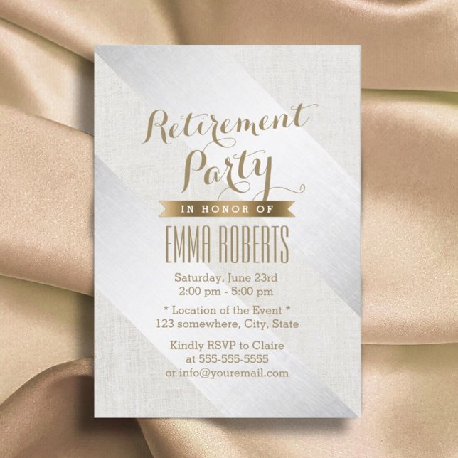 Retirement Party Modern Silver Gold Elegant Linen Invitation (Creator Uploaded)