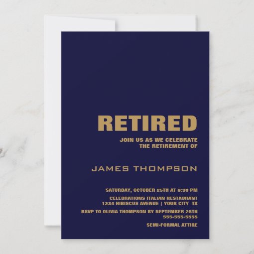 Retirement Party Modern Simple Navy Blue And Gold Invitation 