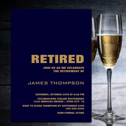 Retirement Party Modern Simple Navy Blue and Gold Invitation