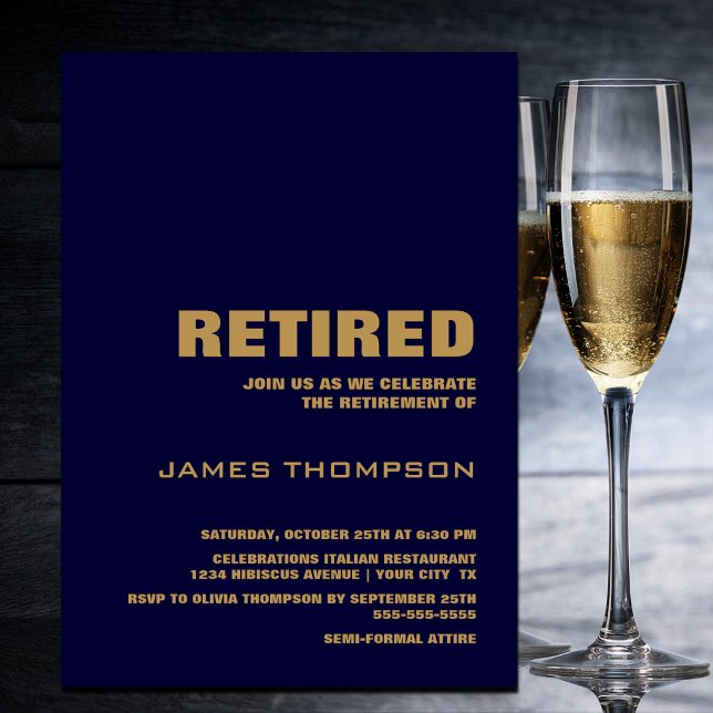 Retirement Party Modern Simple Navy Blue and Gold Invitation (Creator Uploaded)