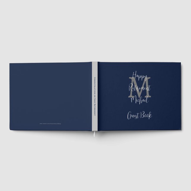Retirement Party Monogram Blue Gray White Sign-In Guest Book (Full)