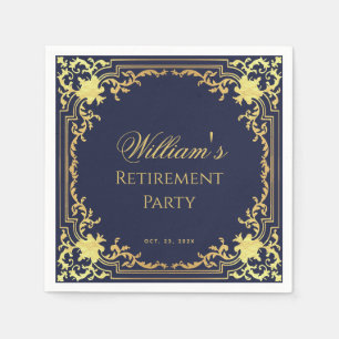 Retirement Party Navy Blue and Gold Elegant Script Napkins