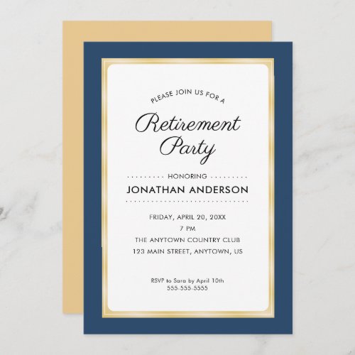 Retirement Party  Navy Blue and Gold Invitation