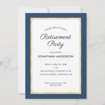 Retirement Party | Navy Blue and Gold Invitation | Zazzle