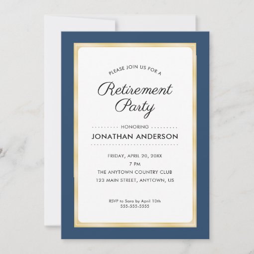 Retirement Party | Navy Blue and Gold Invitation | Zazzle