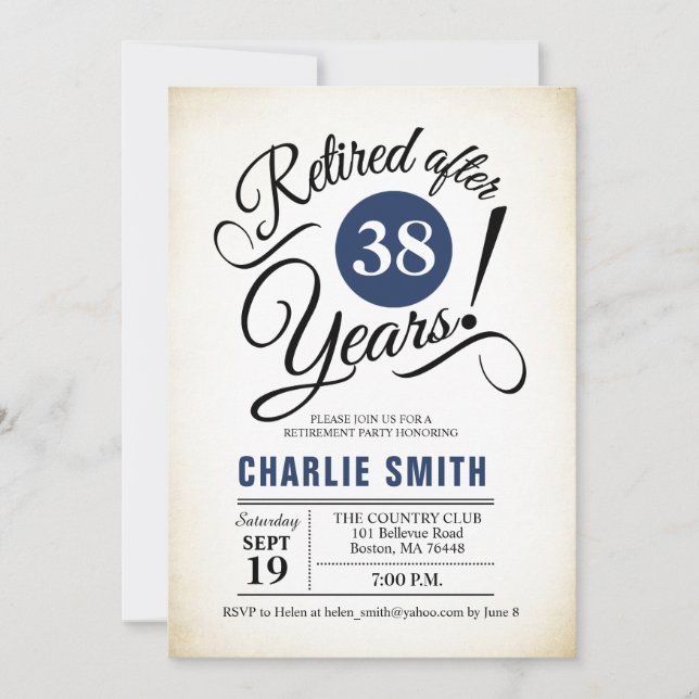 Retirement Party - Navy Blue Black White Invitation (Front)