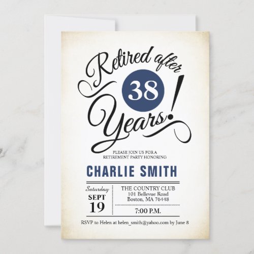 Retirement Party _ Navy Blue Black White Invitation