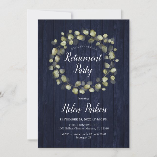 Retirement Party Navy Blue Botanical Wreath Invitation (Front)