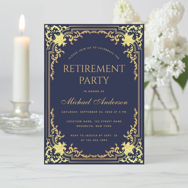 Retirement Party Navy Blue Elegant Faux Gold Foil  Invitation (Creator Uploaded)
