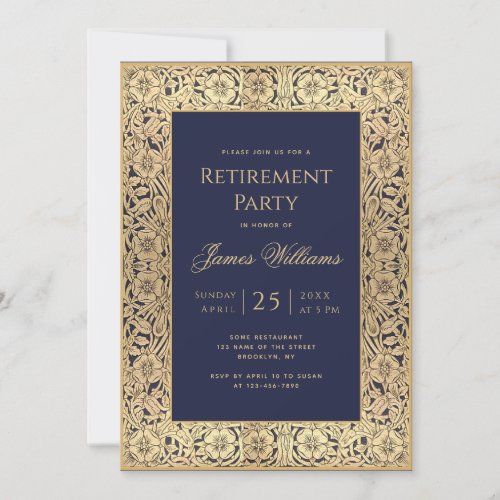 Retirement Party Navy Blue Gold Elegant Vintage  Invitation