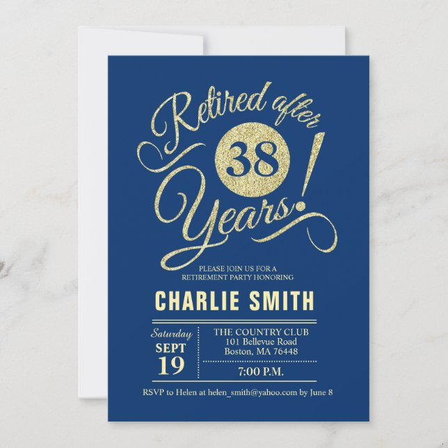 Retirement Party - Navy Blue Gold Invitation (Front)