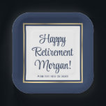 Retirement Party Navy Blue, White & Gold Square Paper Plates<br><div class="desc">Add an elegant touch to retirement party decorations with custom navy blue, white and gold square paper plates. All wording is simple to personalize. The design features a faux foil border, modern script calligraphy message, and stylish vintage typography years of service with business or company name. It can be customized...</div>