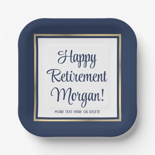 Retirement Party Navy Blue White  Gold Square Paper Plates
