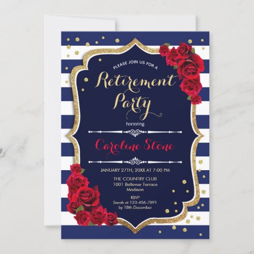 Retirement Party _ Navy Blue White Stripes Roses Invitation