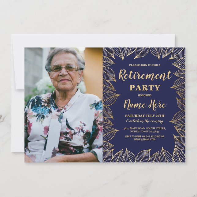 Retirement Party Navy Gold Leaf Fall Autumn Photo Invitation (Front)
