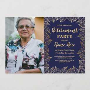Retirement Party Navy Gold Leaf Fall Autumn Photo Invitation