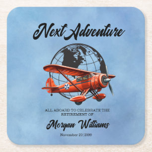 Retirement Party Next Adventure Travel Plane Square Paper Coaster