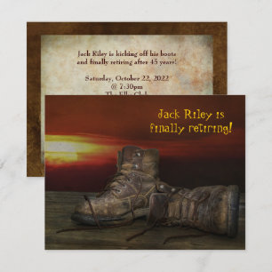 Retirement party-old boots on wood with sunset invitation