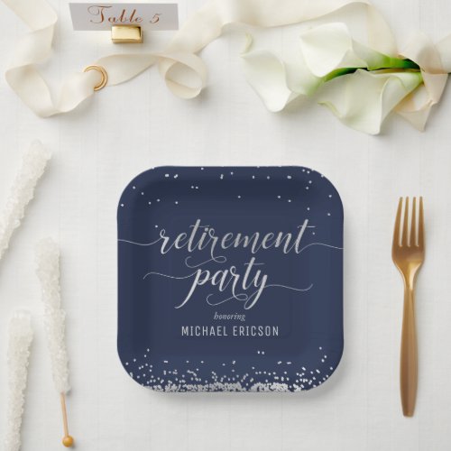 Retirement Party Paper Plate Elegant Silver Navy