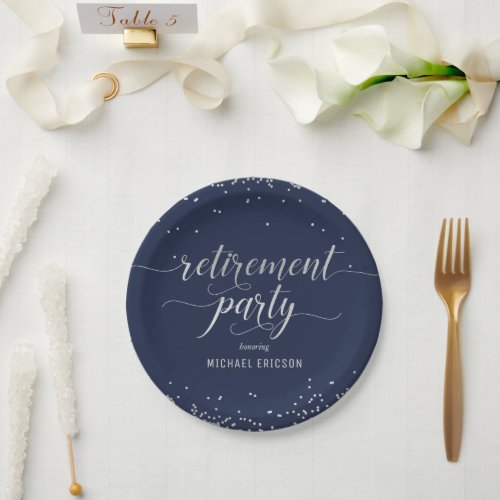 Retirement Party Paper Plate Elegant Silver Navy
