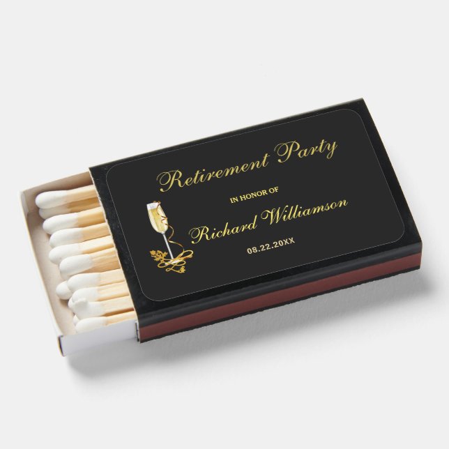 Retirement Party Personalized Black and Gold  Matchboxes (Front Open)