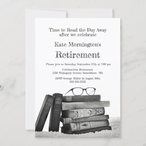 Retirement Party Piled Books and Reading Glasses Invitation