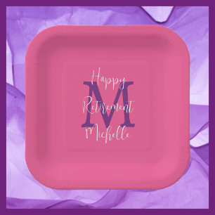 Retirement Party Pink Purple White Name Monogram Paper Plates