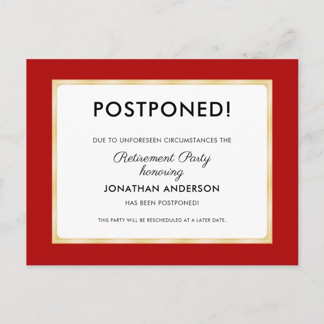 Retirement Party Postponed Red and Gold Postcard (Front)