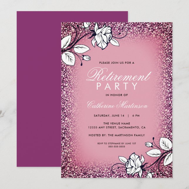 Retirement Party Purple Glitter White Roses Invitation (Front/Back)