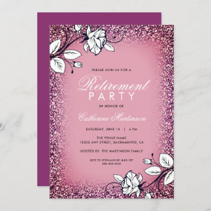 Retirement Party Purple Glitter White Roses Invitation