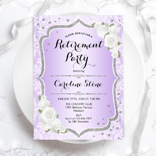 Retirement Party - Purple Silver White Roses Invitation