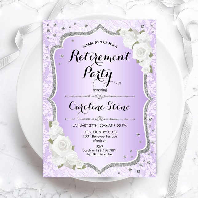 Retirement Party - Purple Silver White Roses Invitation (Creator Uploaded)