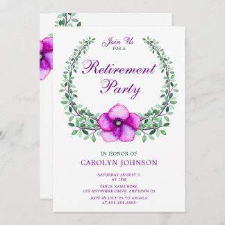 Retirement Party Purple Watercolor Floral Wreath Invitation